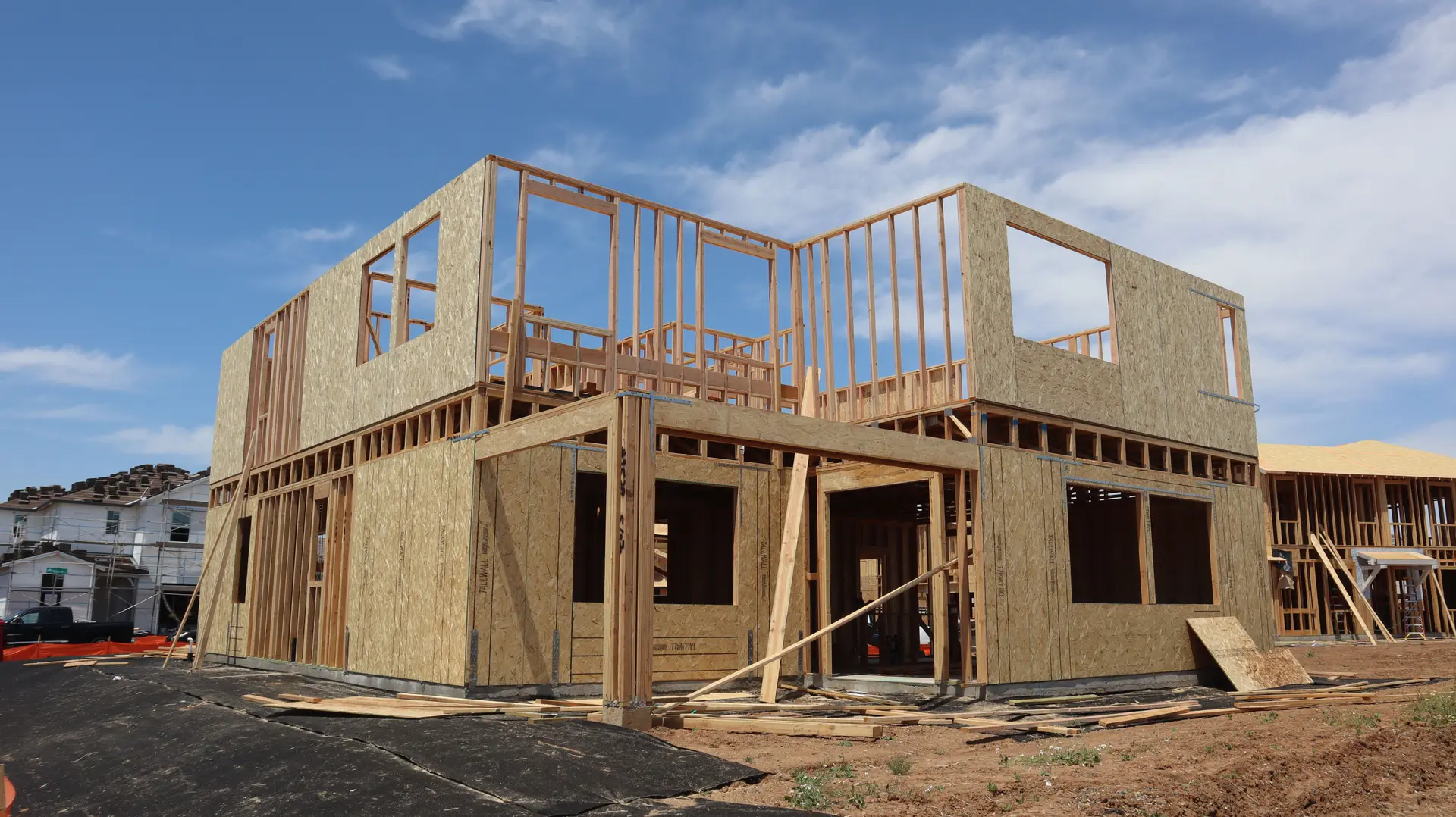 Second-story framing going up on a house